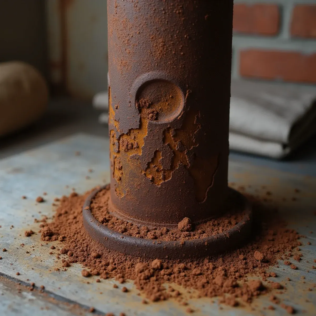 Exfoliating rust flakes and scale shedding from vertical cast iron plumbing stack
