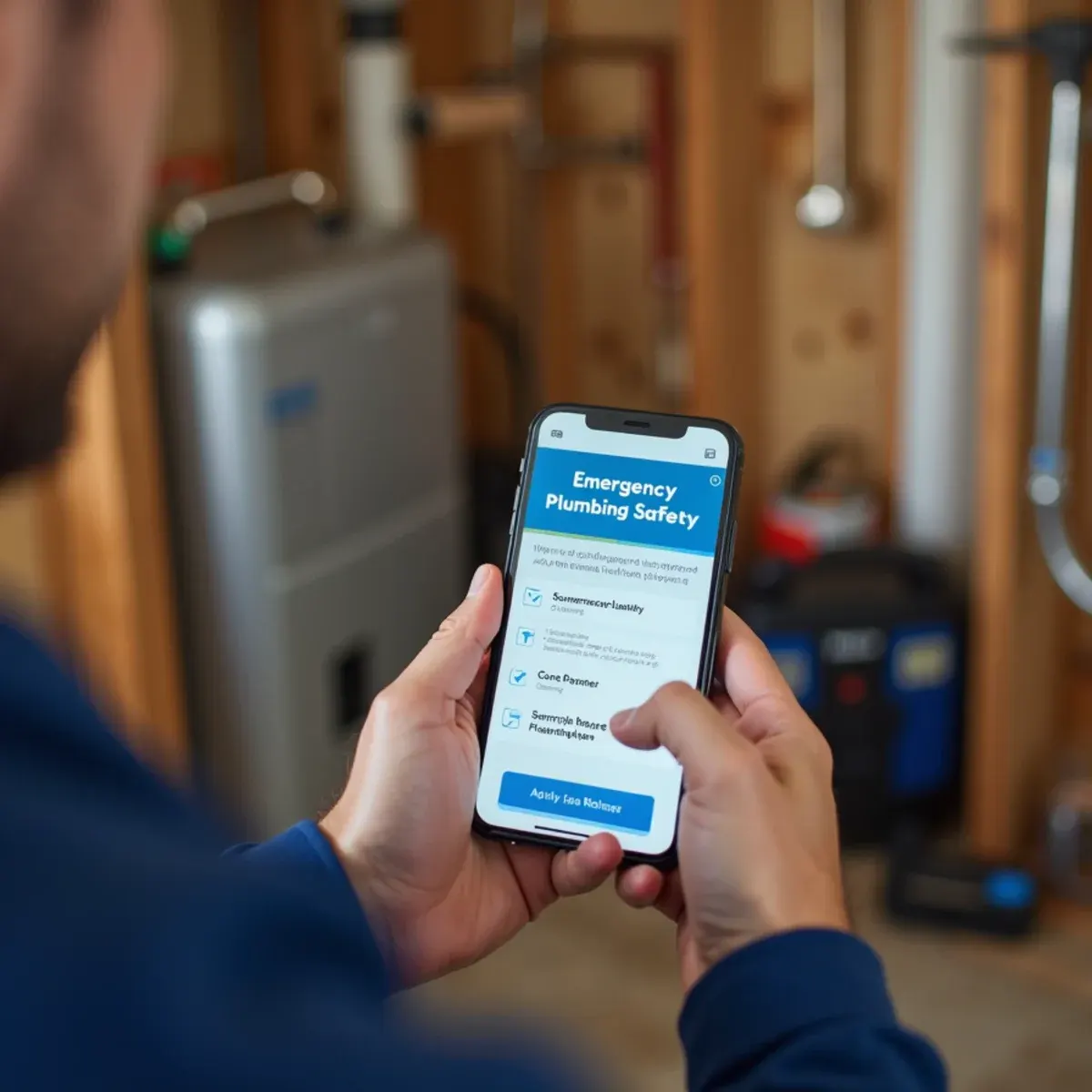 Emergency plumbing checklist on a smartphone screen next to tool kit in an active leak triage situation