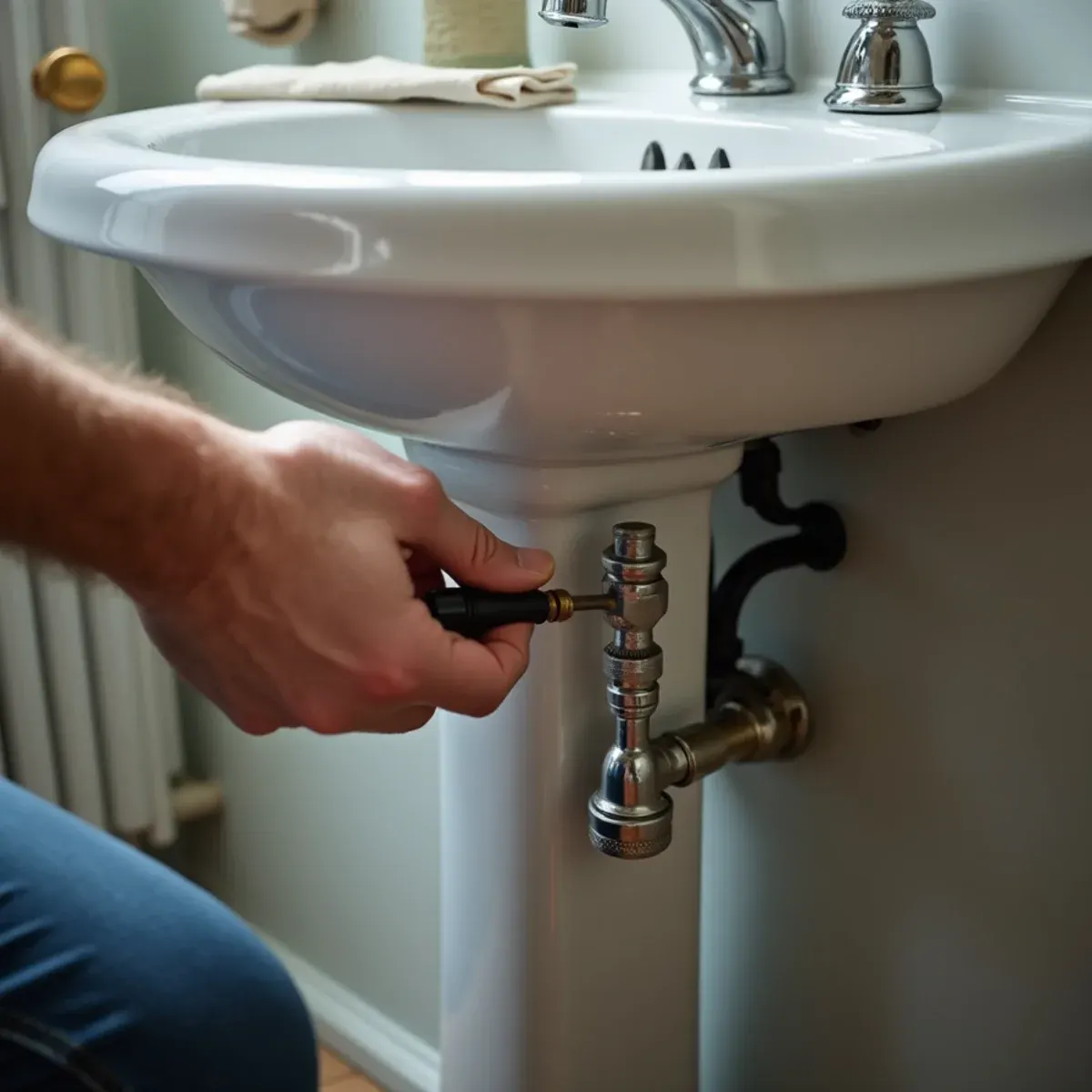 Checking quarter-turn fixture shutoff valves beneath student rental bathroom sinks