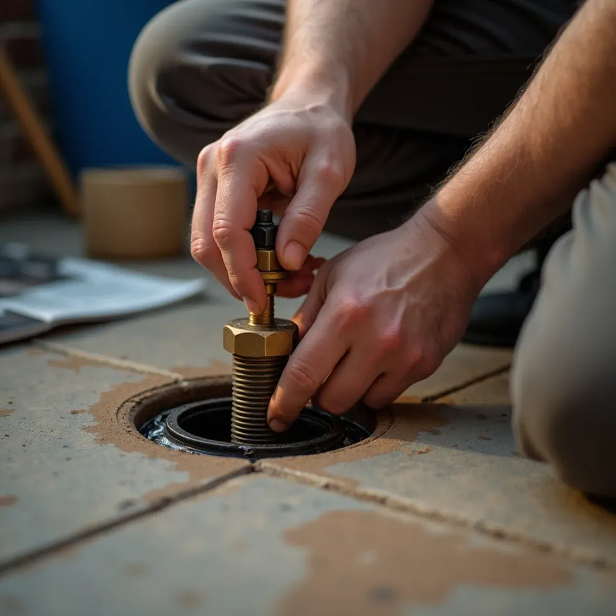 Locating and loosening brass main sewer cleanout plug in rental basement floor