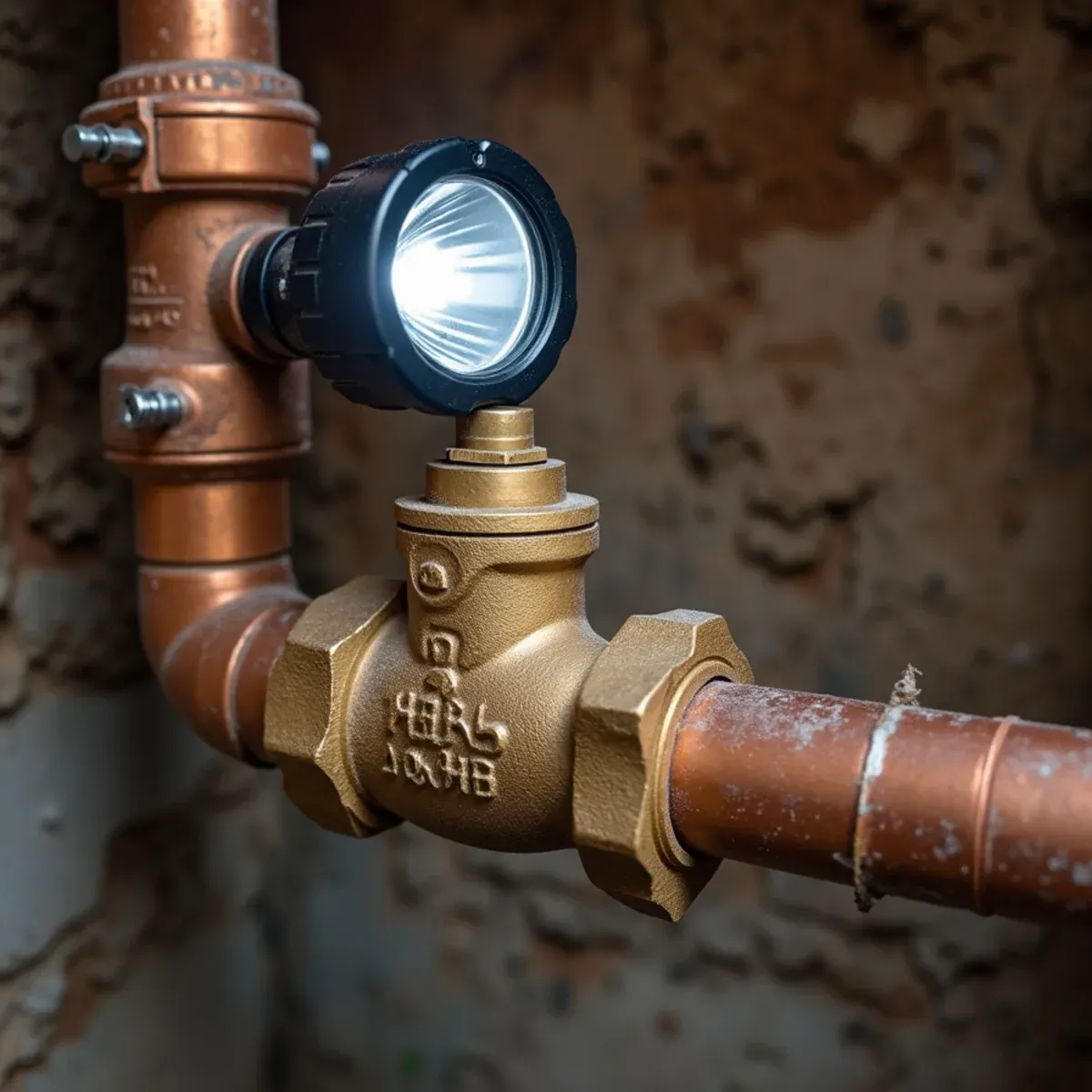 Diagram pointing out the main brass shutoff valve on incoming water service pipe before the water meter