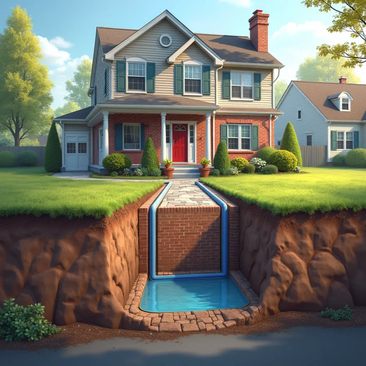 Underground diagram showing private sewer lateral running from house foundation to municipal street main in Pennsylvania