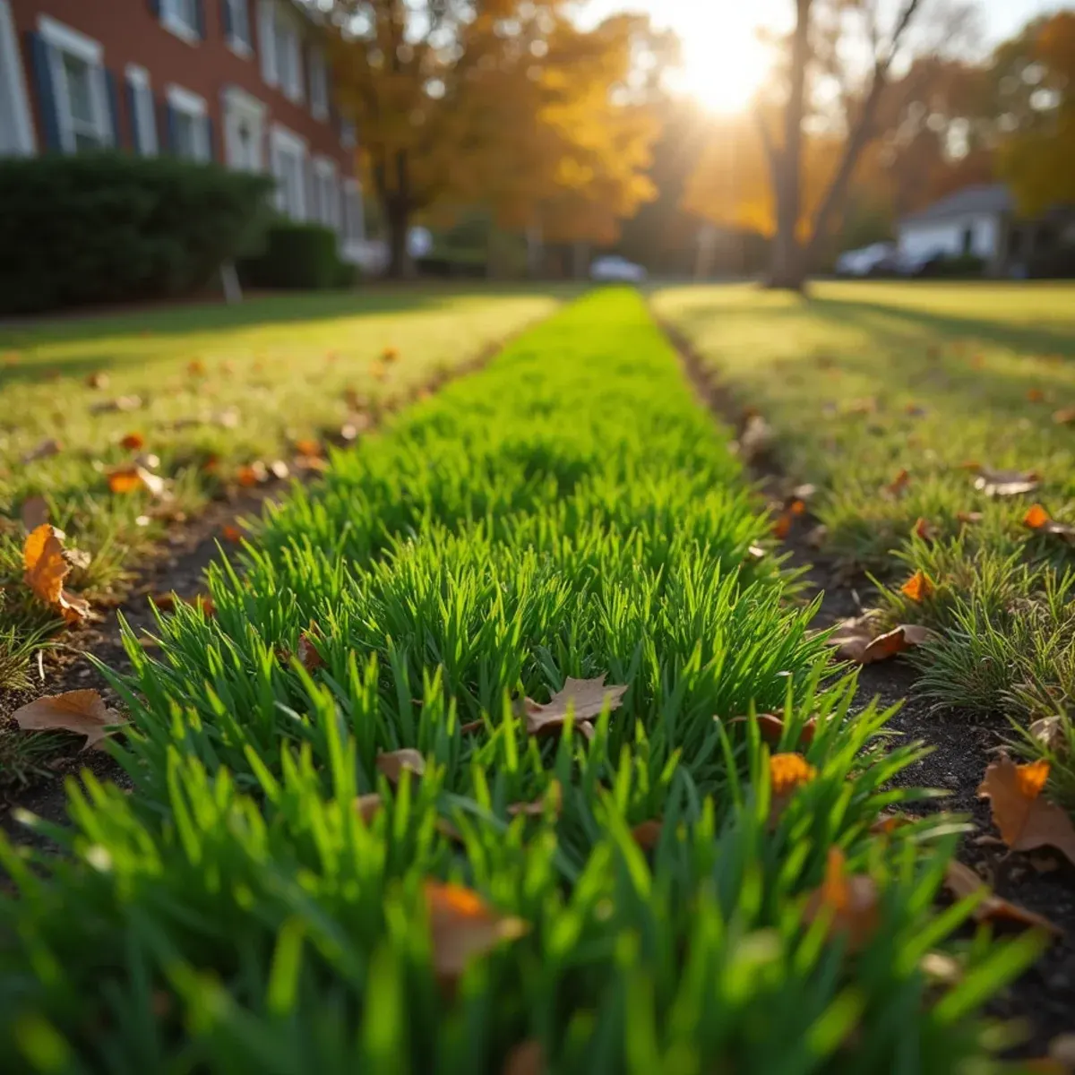 Unusually vibrant green grass strip over underground sewer line fed by root leak