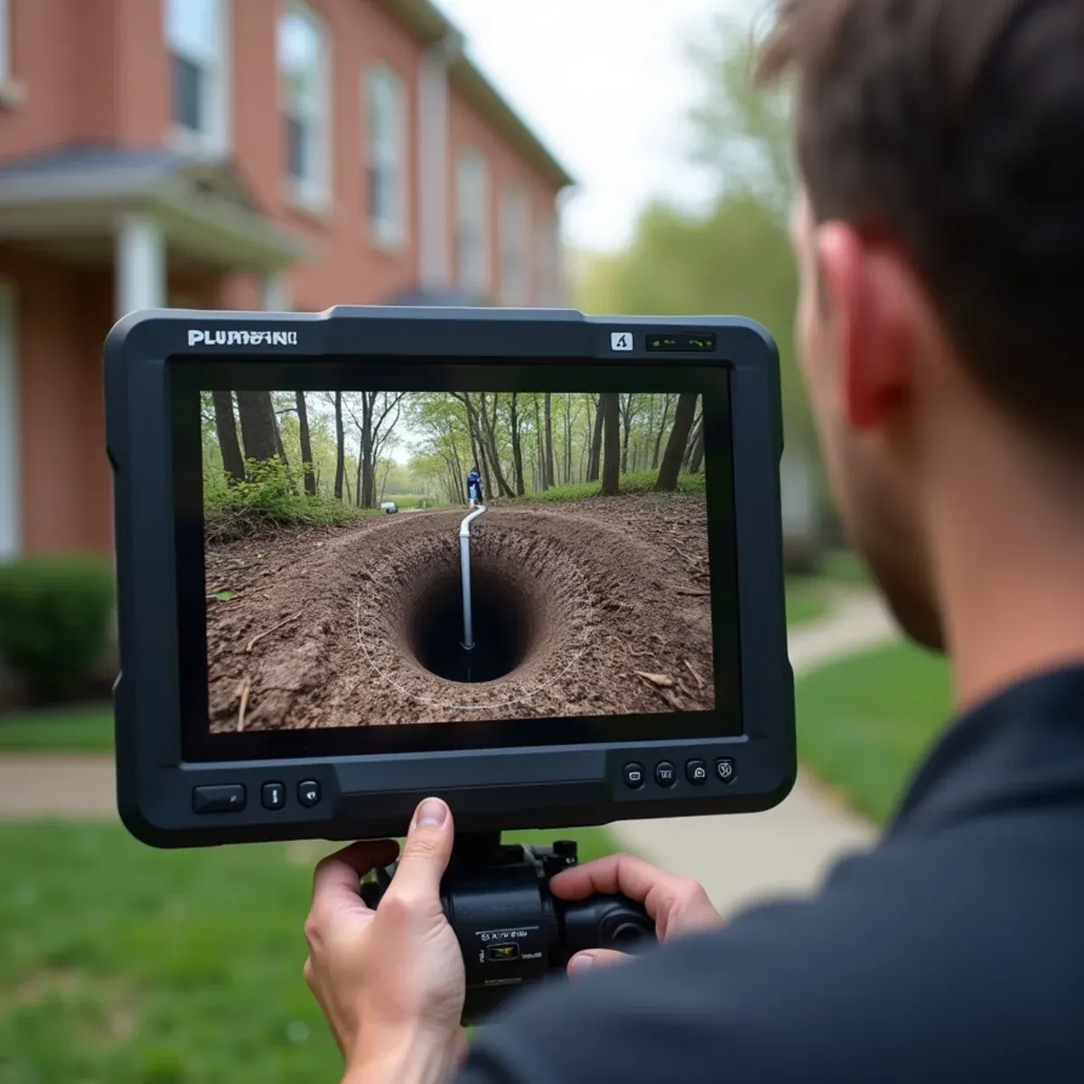 Sewer camera screen revealing dense tree root intrusion inside a vitrified clay sewer lateral in West Chester PA