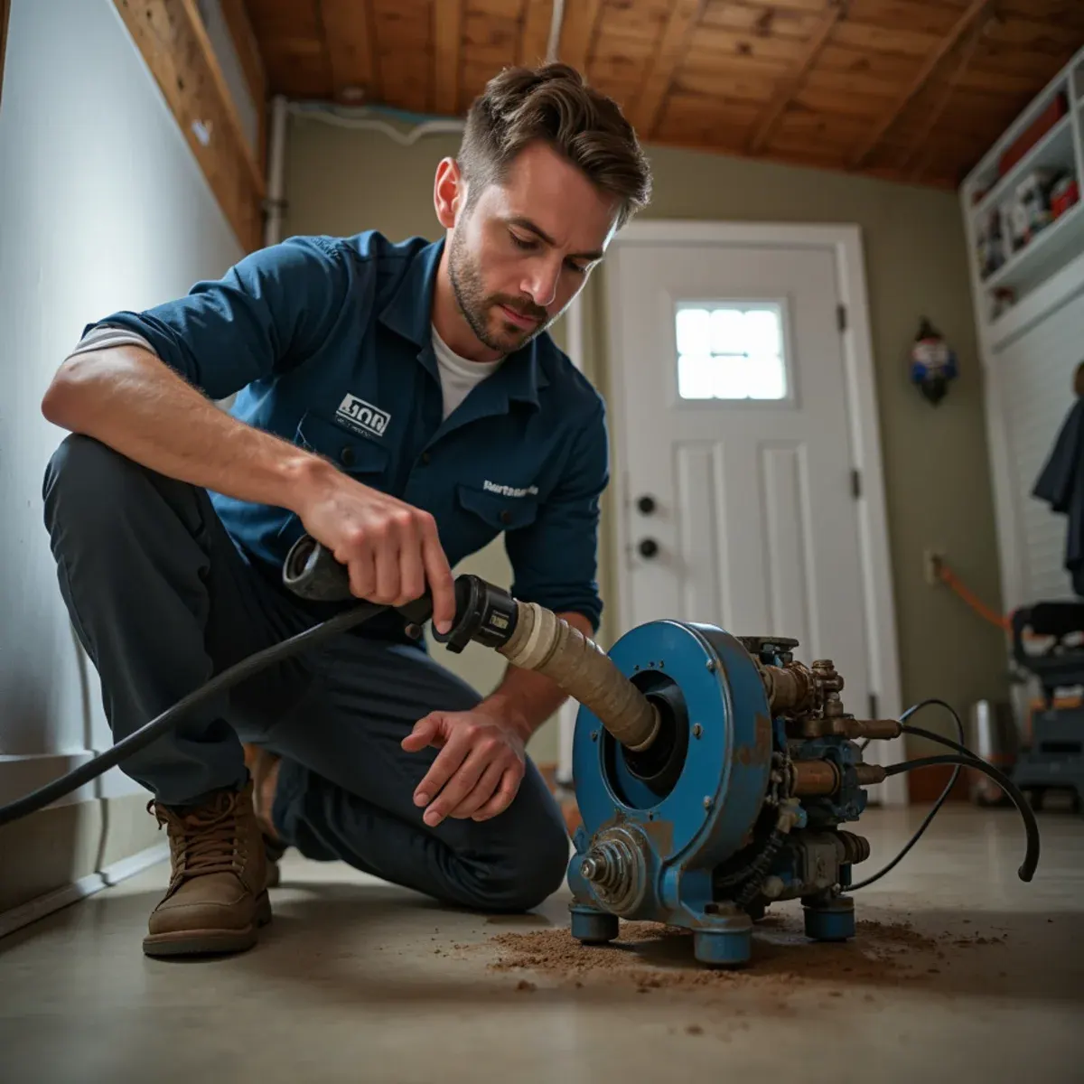 Professional drain cleaning technician operating a heavy-duty cable machine on a cleanout in West Chester PA