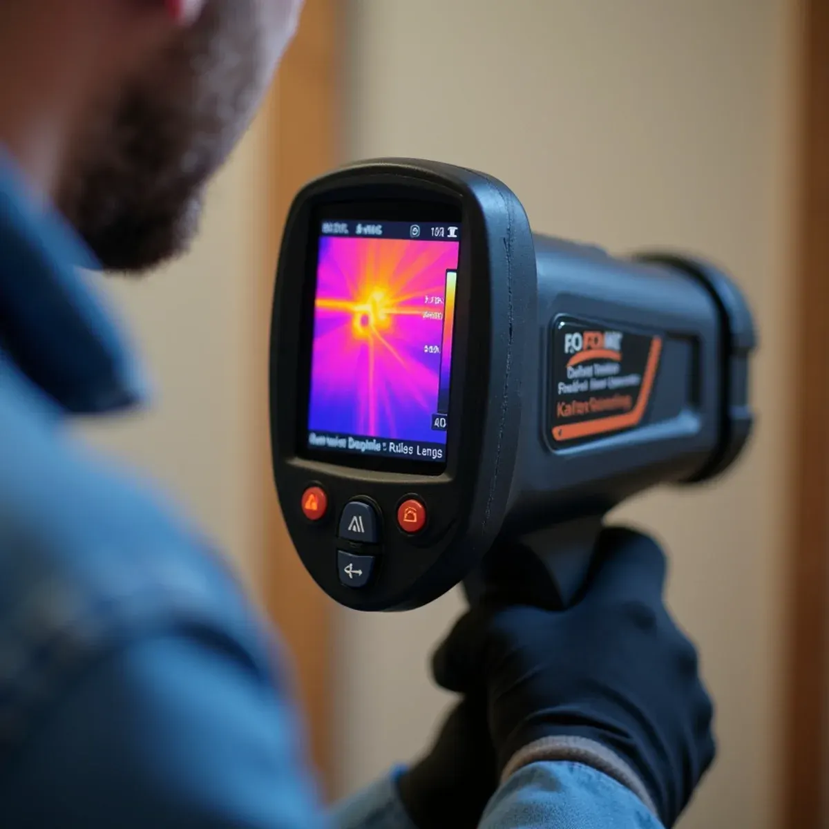 Thermal imaging camera pinpointing hidden pipe leak inside drywall wall cavity