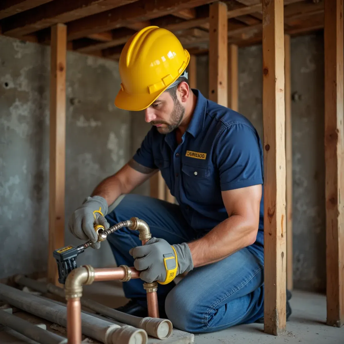Plumbing technician repairing a burst copper water pipe with professional press tool in an older Pennsylvania basement