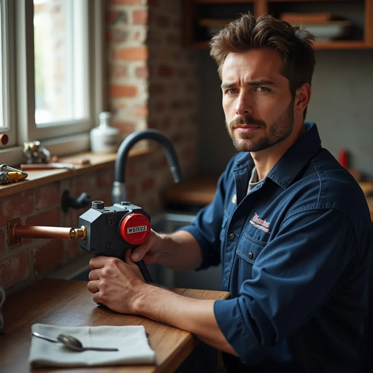 Plumber utilizing modern hydraulic press tool on copper water lines in West Chester PA