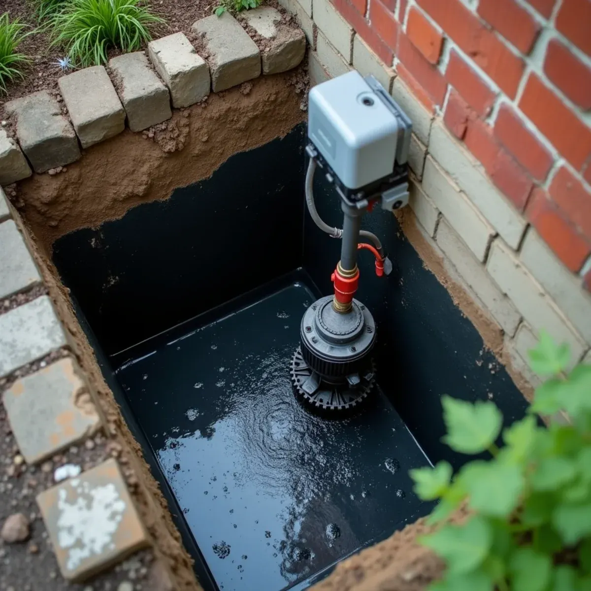 Dual submersible sump pump system with 12V marine battery backup in sealed basin