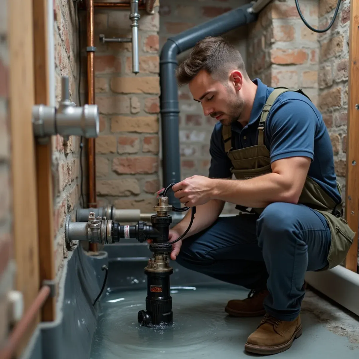Plumber installing a dual battery backup sump pump system in a West Chester basement basin