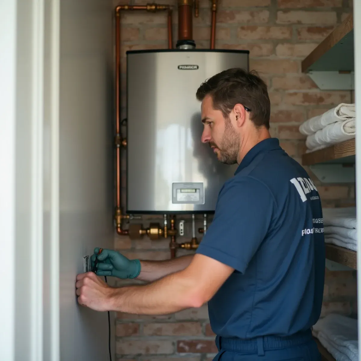 Wall-mounted high-efficiency tankless water heater installation with copper connections in Chester County