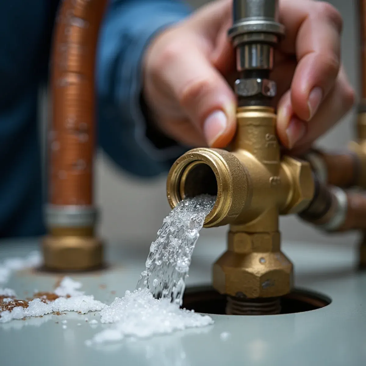 Draining hard water calcium sediment and mineral scale from water heater tank base