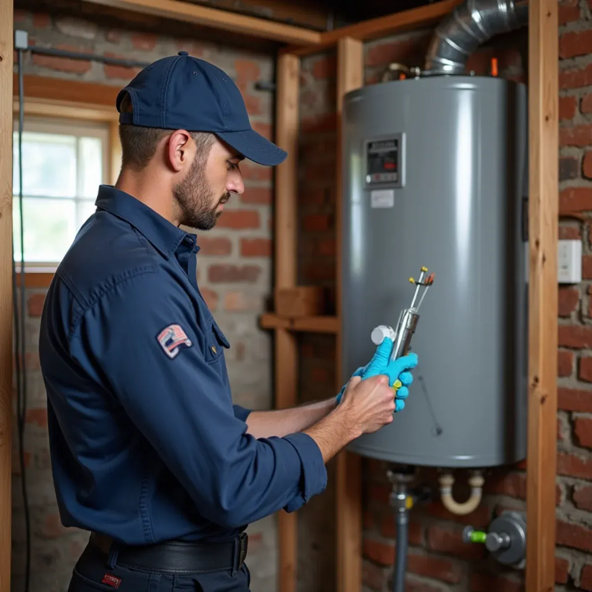 Professional plumber servicing a modern high efficiency gas water heater in a West Chester PA basement